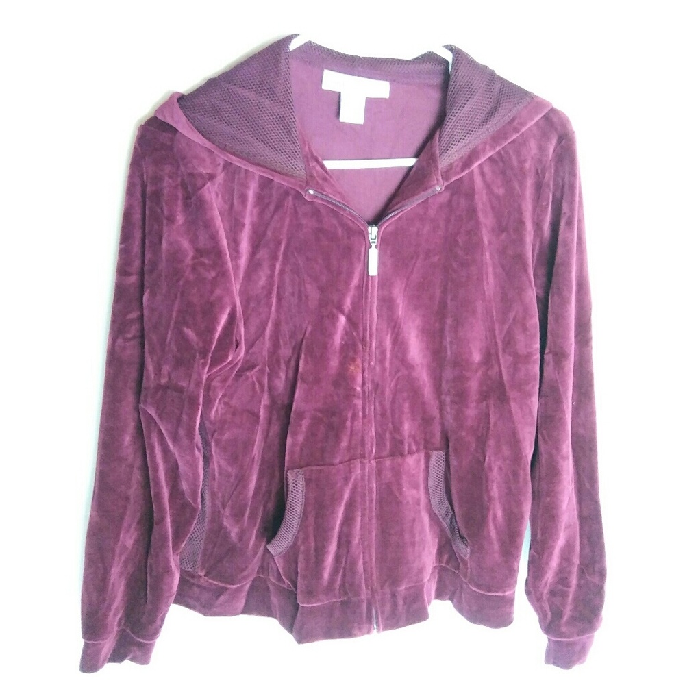 Plush Velour Burgundy Wine Hoodie Jacket Large